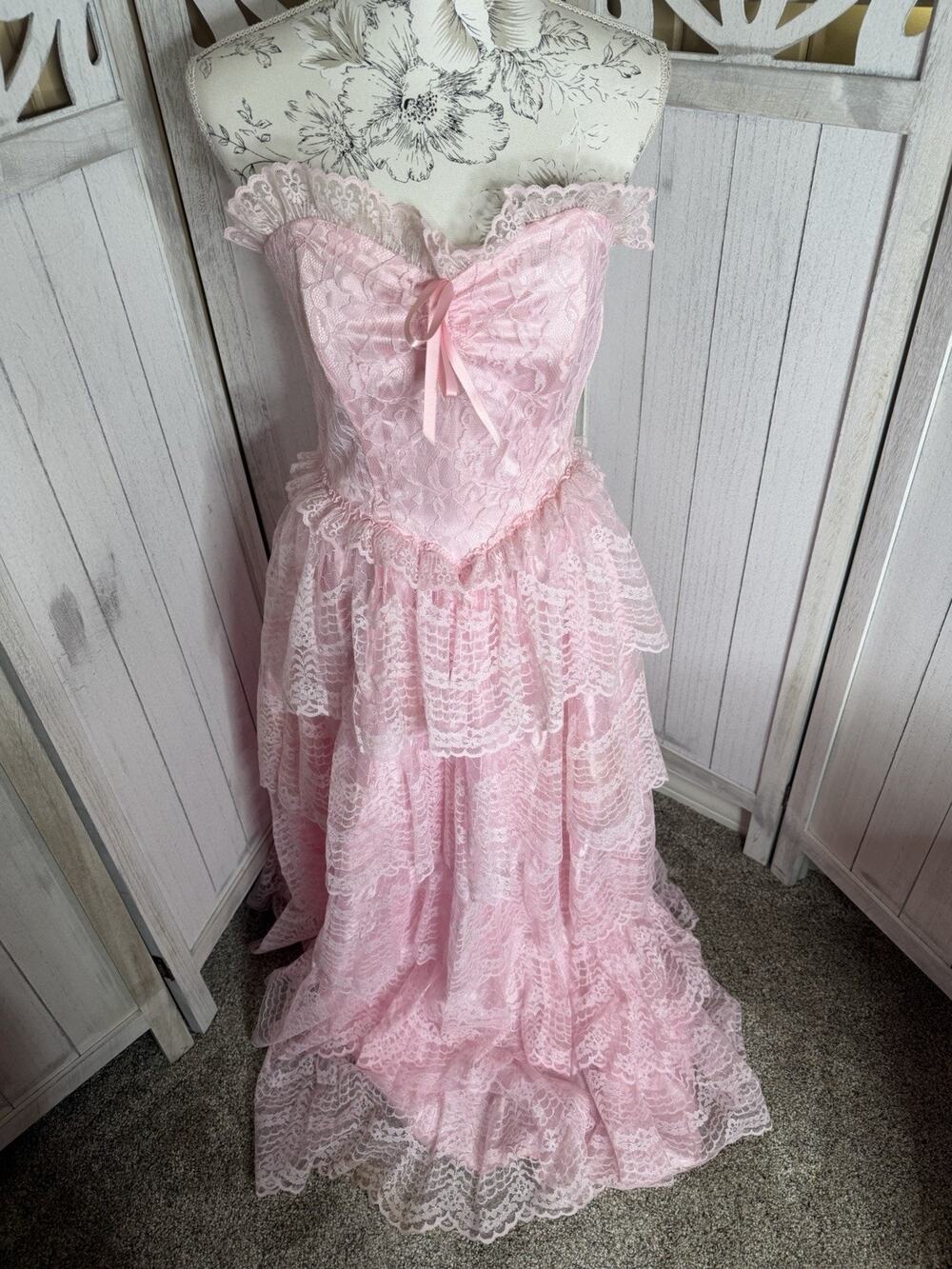 Vintage Dress 80s 70s Lace Ruffled Tiered Pink Coquette Formal JCPenney Sz 9 10